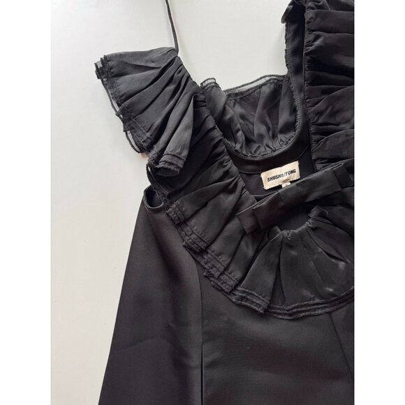 SHUSHU/TONG Black Duchess Satin Organza Ruffle U-Neck Mini Swing Dress, Size 4 - Picture 7 of 16